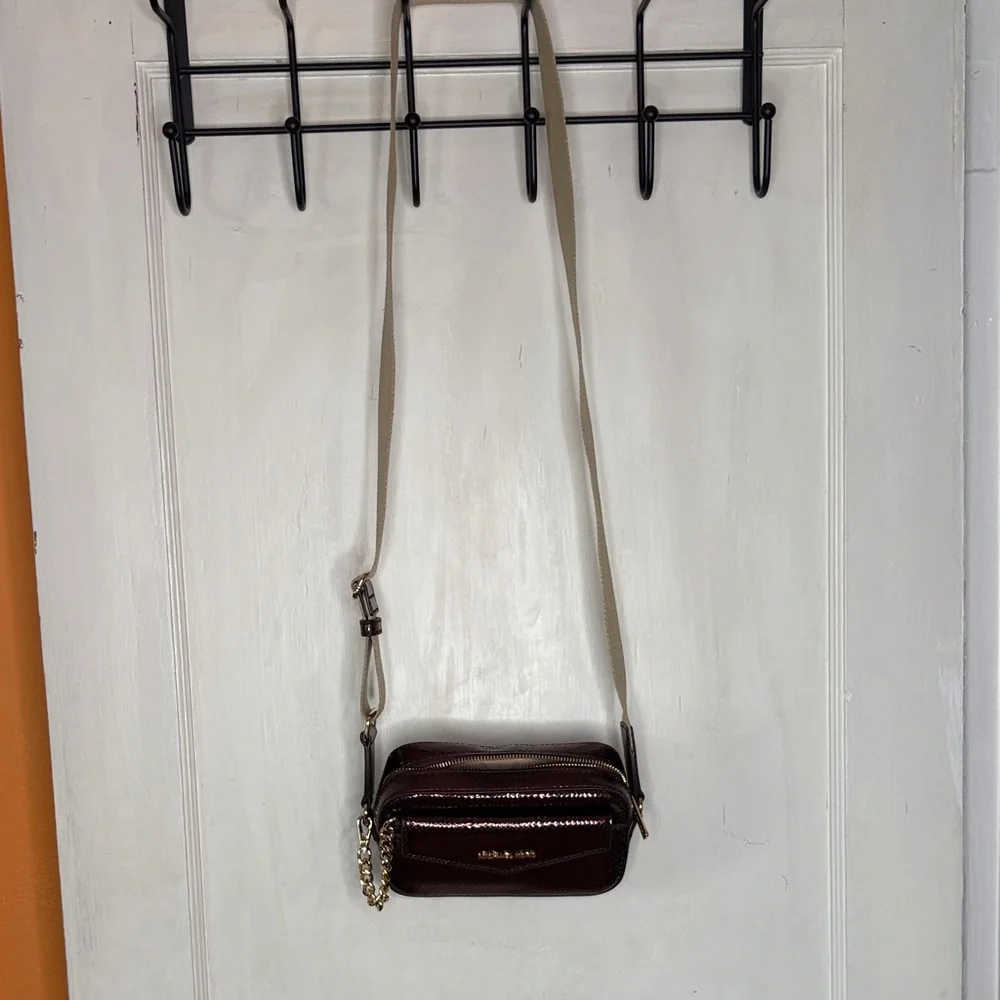 Michael Kors Maisie 2 in One Shimmering Maroon Burgundy Camera Bag Crossbody